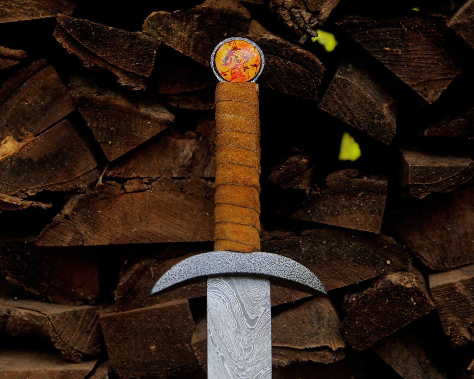 Hand Forged Damascus Steel Viking Sword w/ Leather Pouch Medieval Long Swords