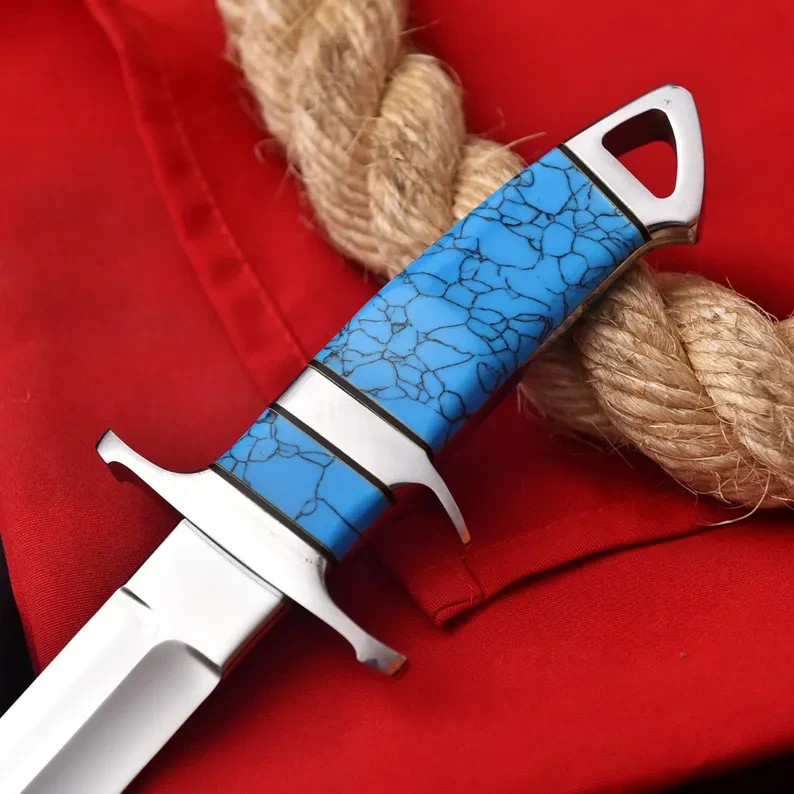 HANDMADE D2 STEEL SUB-HILT KNIFE | BLUE TURQUOISE HANDLE |GENUINE LEATHER SHEATH