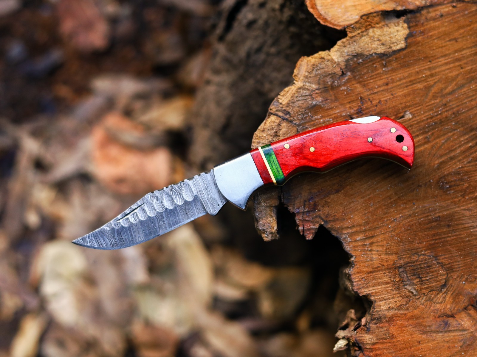 Custom Handmade Damascus Steel Folding EDC pocket Knife with Leather Sheath
