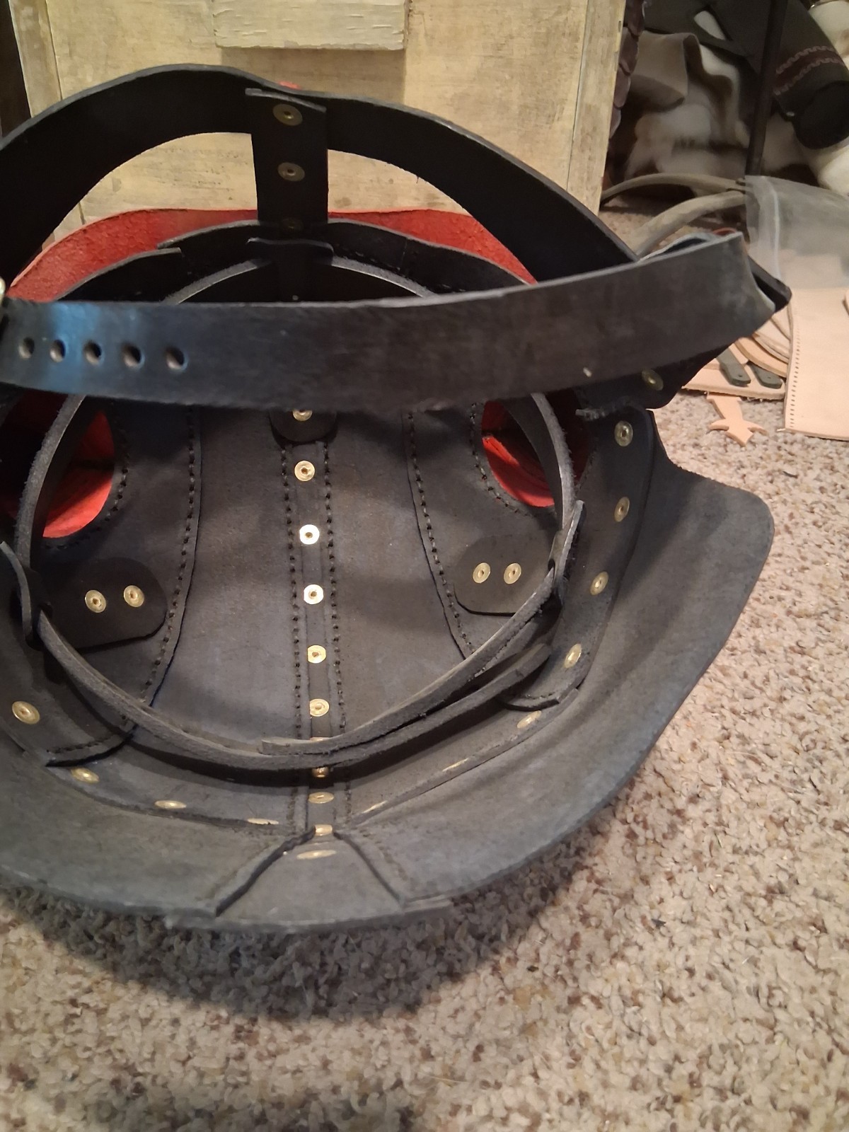 Black Leather Viking Helmet With Horns