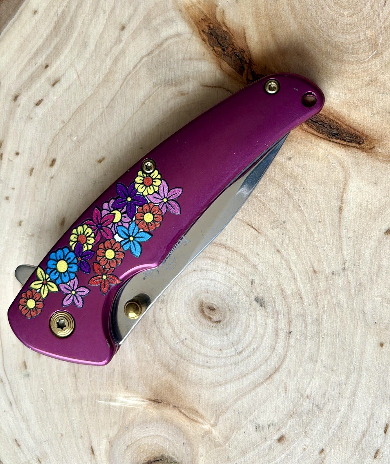 7” Mini Pocket Knife Flowers Design Pink Ladies Gold Pocket Clip Pretty Girly
