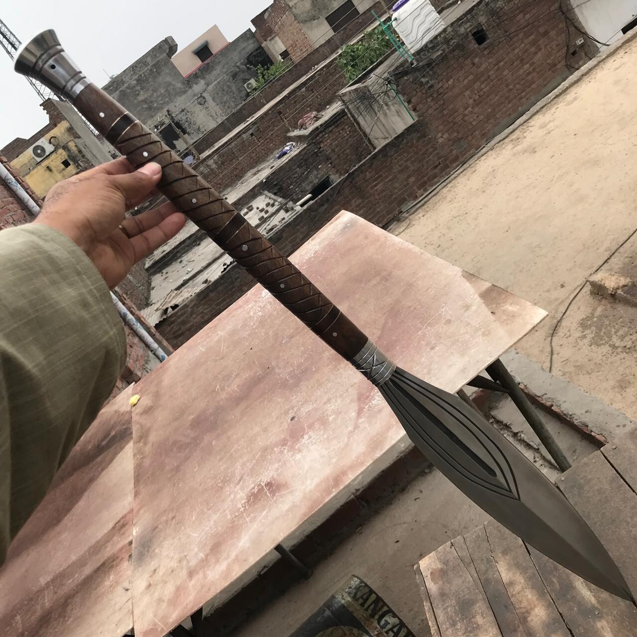 Artisanal Forged D2 Tool Steel Viking Hunting Spear with Viking Double Head Axe