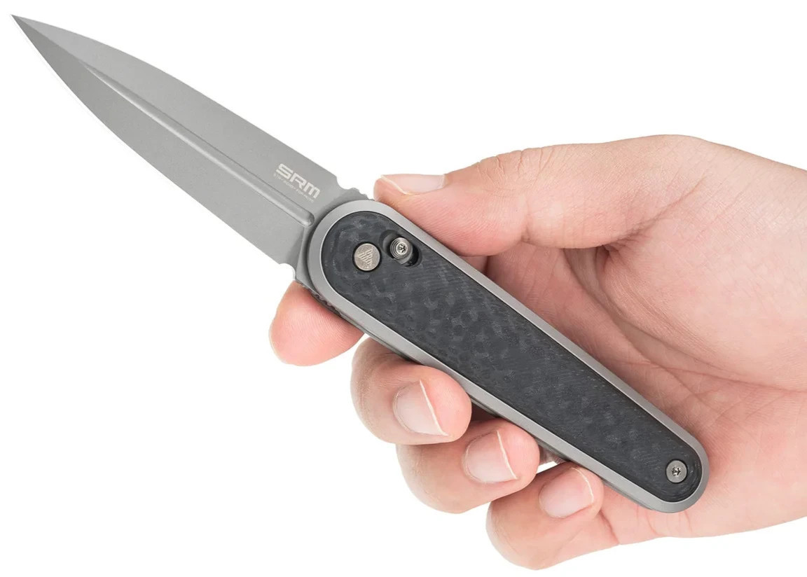 SRM Knives Twin 251MB Folding Dagger 3″ Gray Bohler N680 Steel Blade CF Handle
