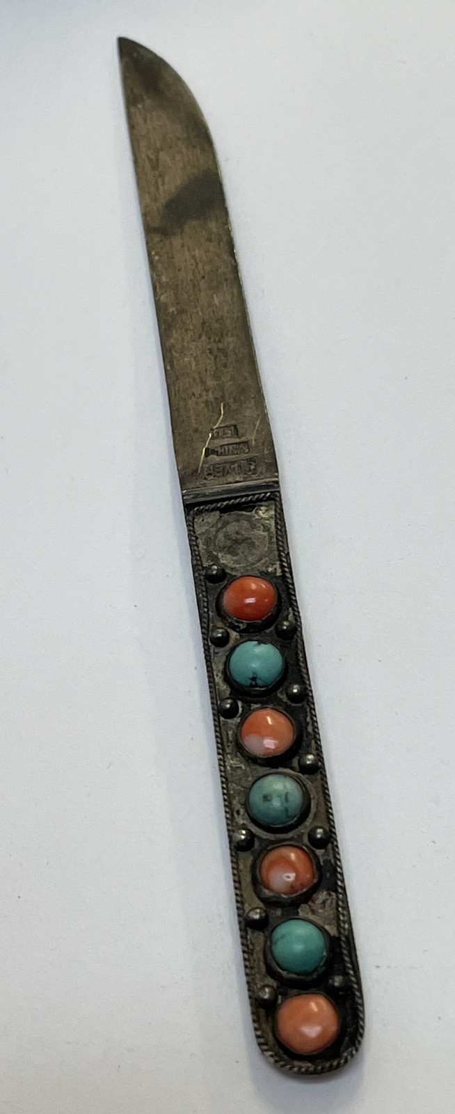 CHINA EXPORT LiU ANTIQUE TIBET SILVER CORAL TURQUOISE FIXED SINGLE BLADE KNIFE