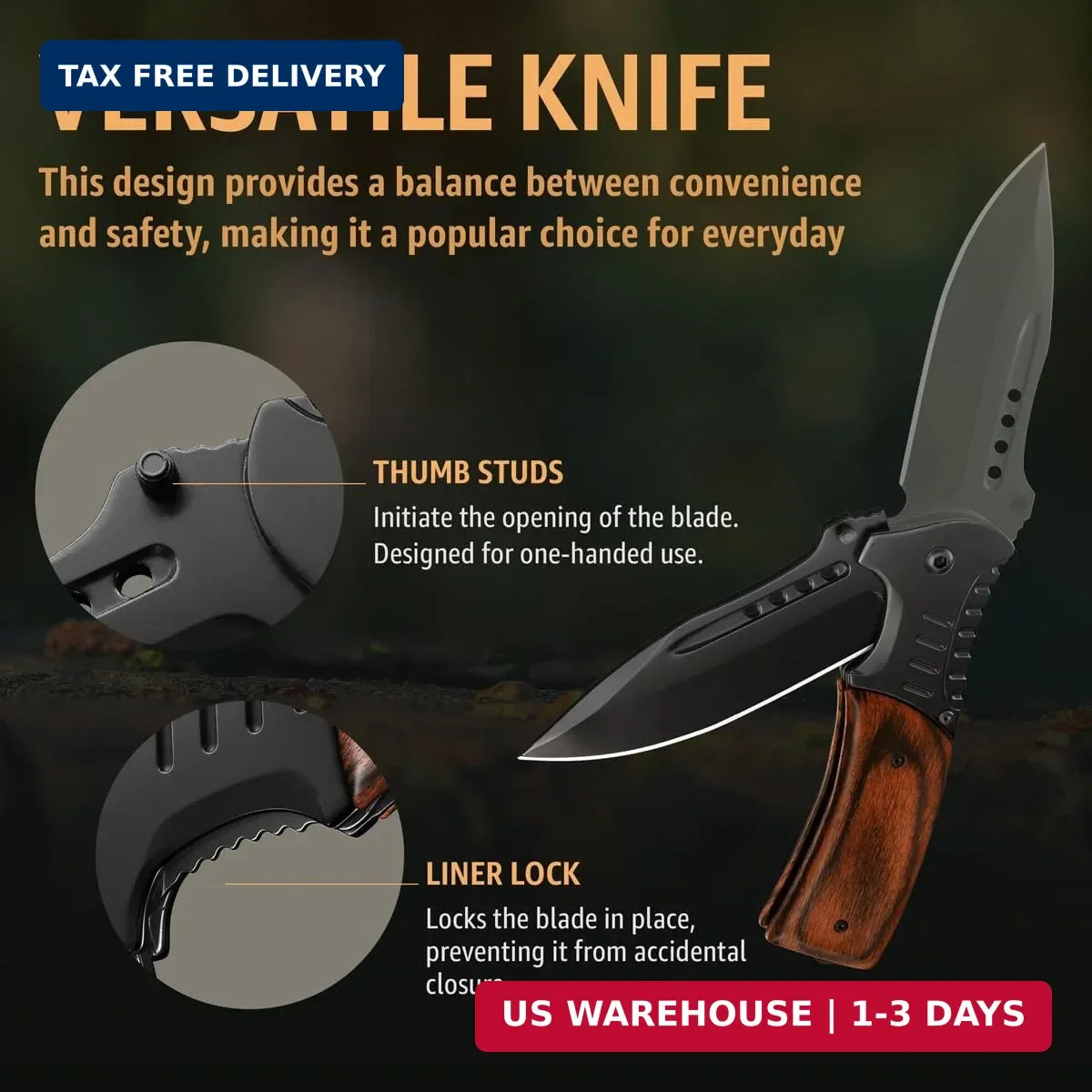 Pocket Knife for Men with Wood Handle & Glass Breaker & Pocket Clip – 3.66″ Shar