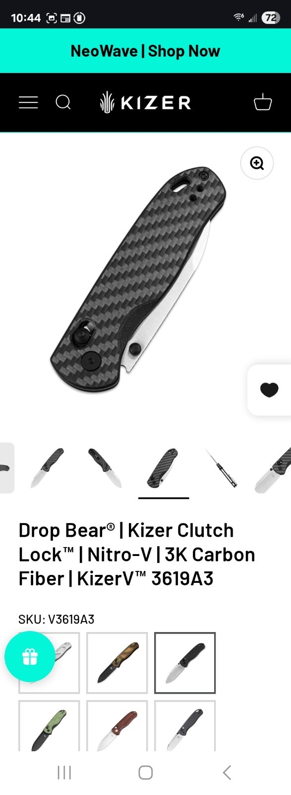 Kizer Drop Bear V3619A3 Pocketknife Nitro-V Drop Point Plain Clutch Lock CF