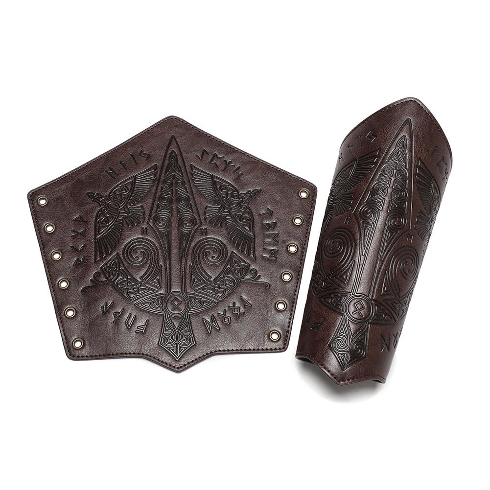 Men’s Medieval Viking Leather Bracers Embossed Sword Arm Guard Gauntlet Pair