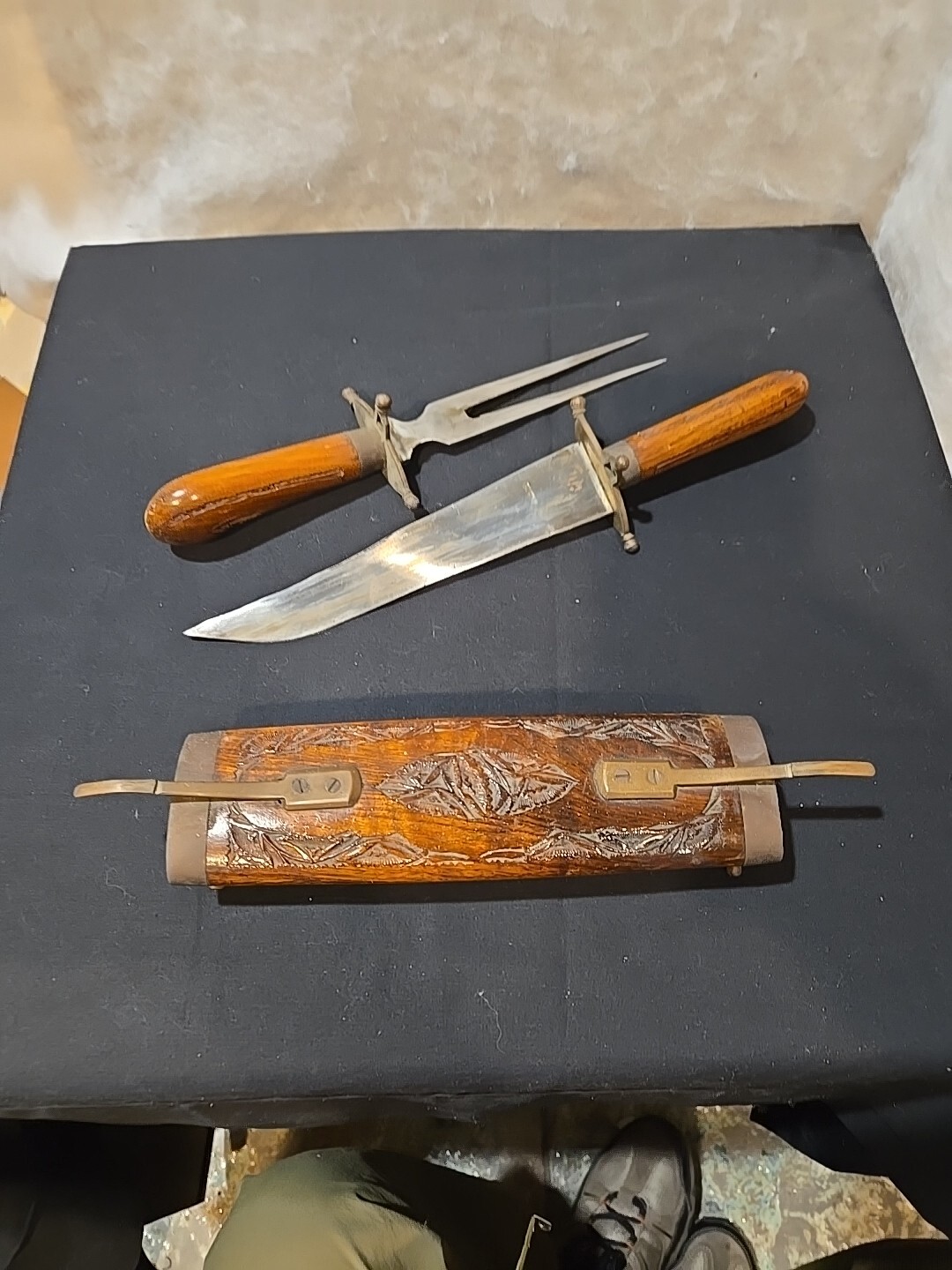 Vintage Indian Carving Knife and Fork set wooden carved wood and brass trim