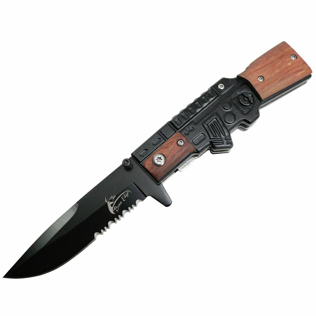 Machine Gun Serrated Pocket Knife Thumb Stud Legal EDC Navy Marines US Seller👀