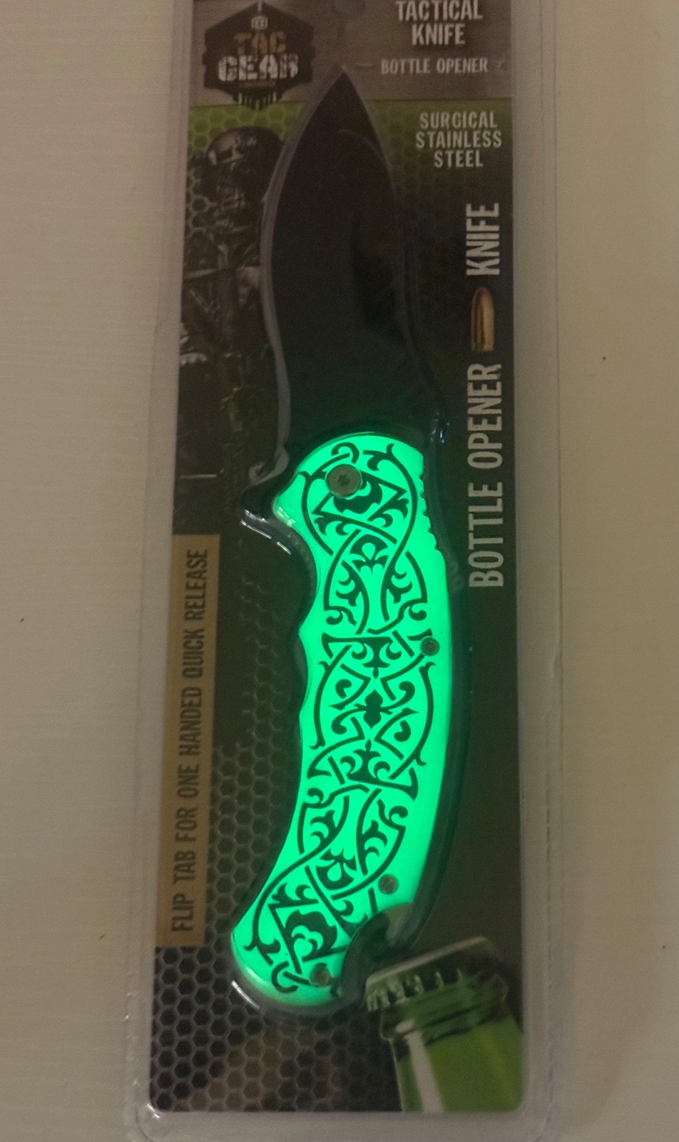 Glow In The Dark Tactical Knife with Pocket Clip & Bottle Opener Choose Style