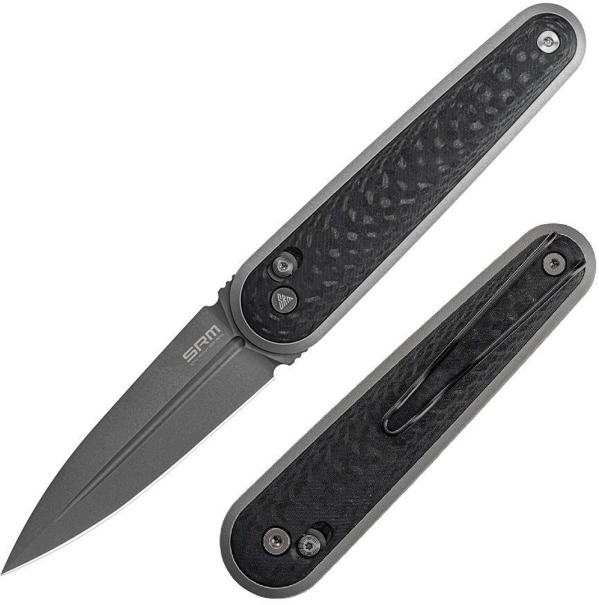 SRM Knives Twin 251MB Folding Dagger 3″ Gray Bohler N680 Steel Blade CF Handle