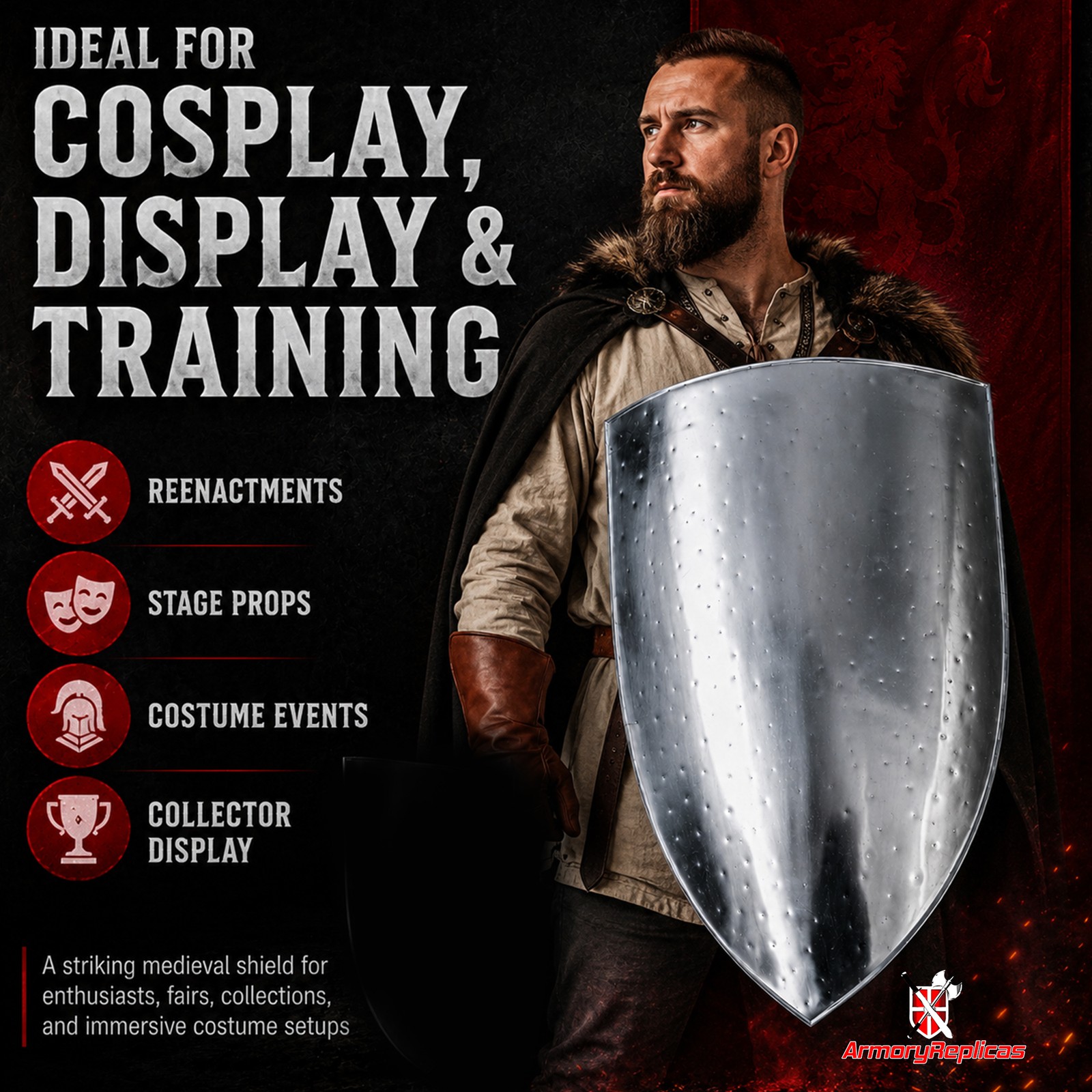Handmade 16 Gauge Steel Medieval Heater Shield Reenactment Display Knight Shield