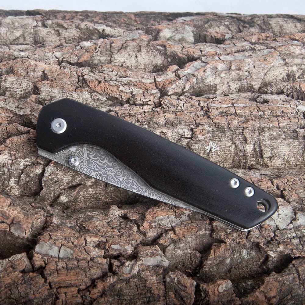 Folding Knife, Damascus Steel Blade, Wooden Handle, Camping Outdoor Pocket Knife