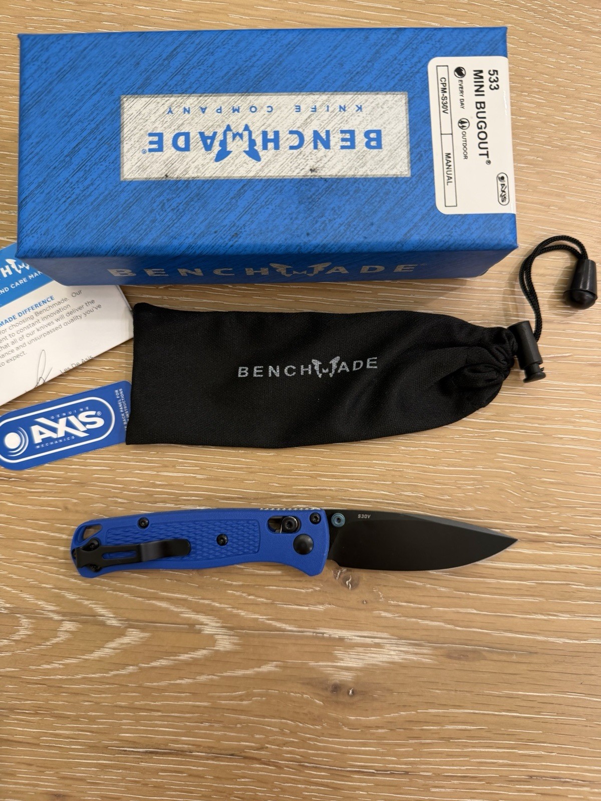 Benchmade 533 Mini Bugout Blue Grivory Handle Black Blade Folding Knife