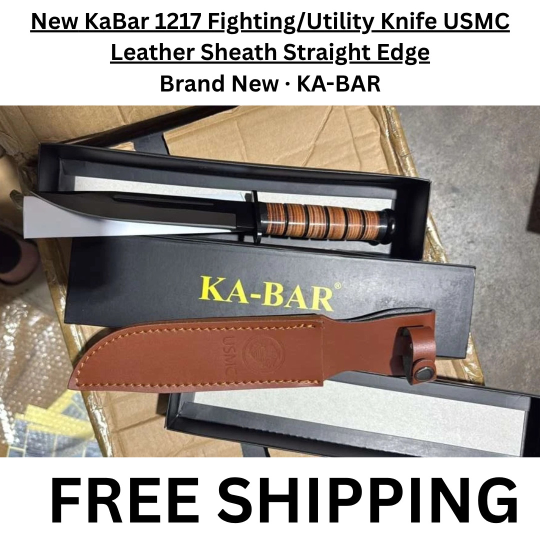 KA-BAR USMC Fighting Utility Knife Leather Handle Fixed Blade Outdoor Sheath New