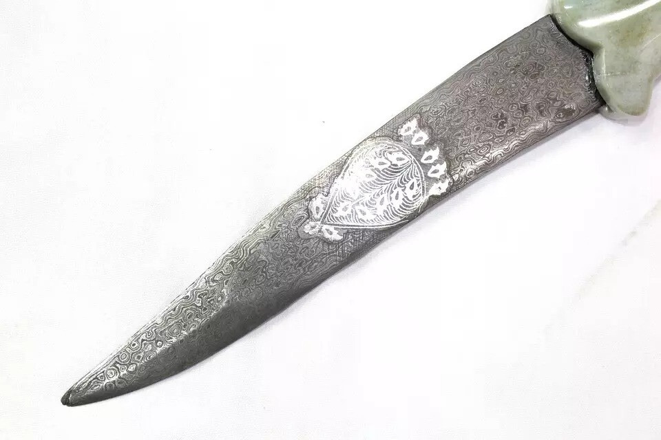 Dagger Knife Damascus Steel Blade Silver Koftgiri Aventurine Stone Handle E78