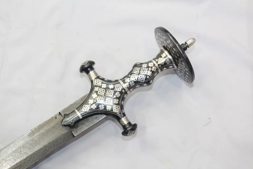 Straight sword religious sikh damascus steel blade silver wire work handle W706