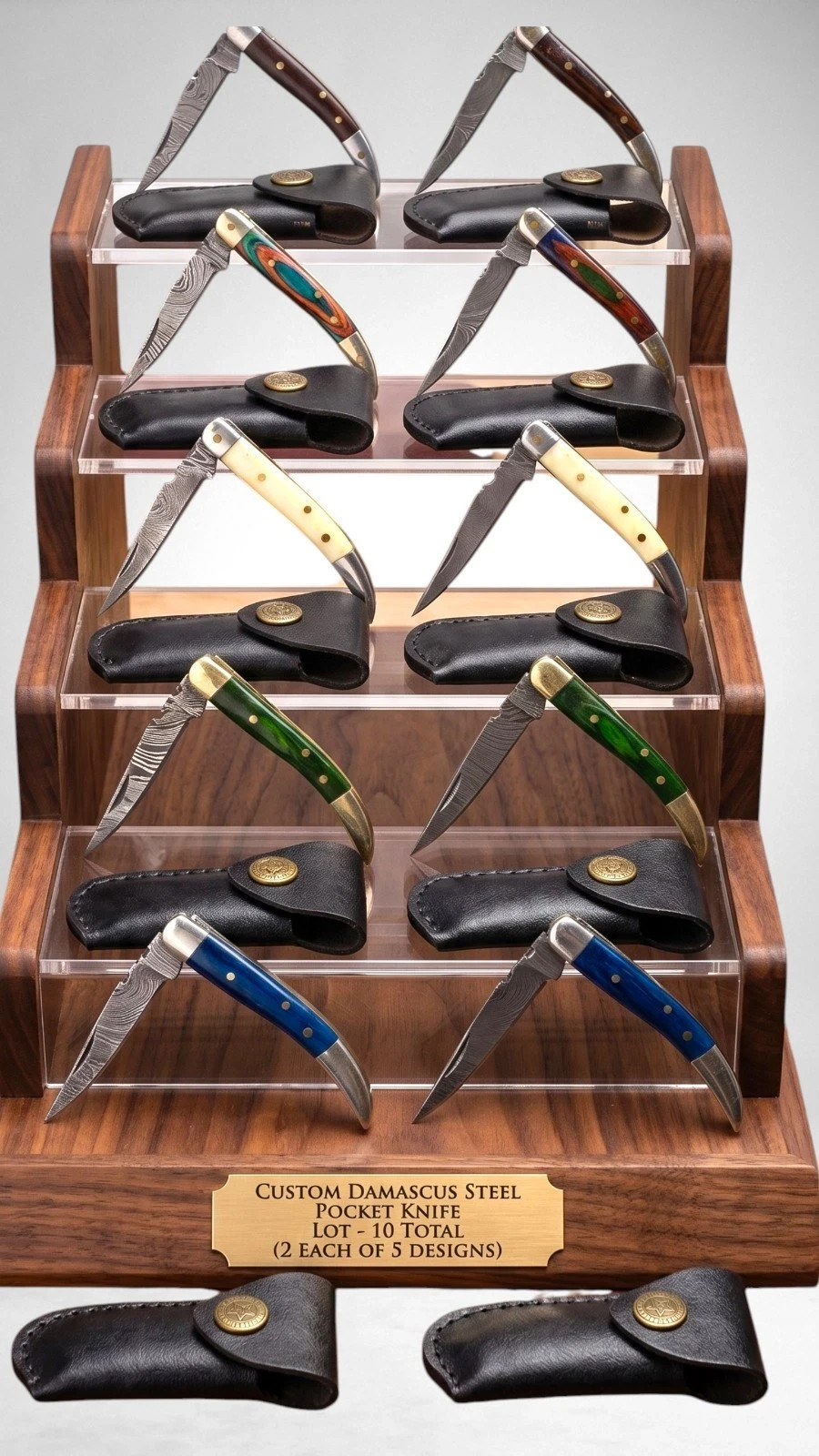 10x Damascus Folding Knife Lot Custom Pocket Knives Bone Wood Handle with Sheath