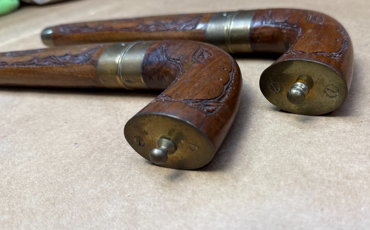 VERY RARE Knife Pair Carved Handles Matched Carved Wood Sheaths Brass Trim-INDIA