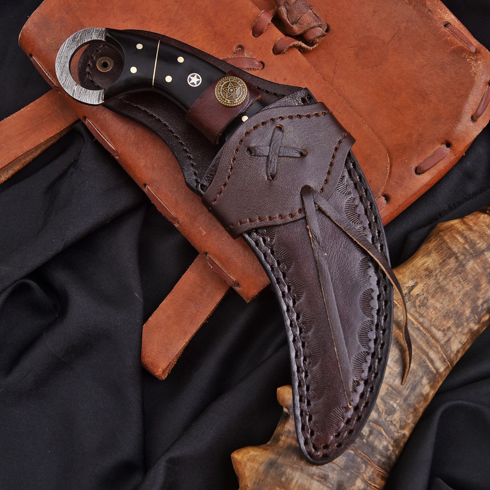 Handcrafted Damascus Karambit Knife Black Wood Hunting Survival Custom Sheath