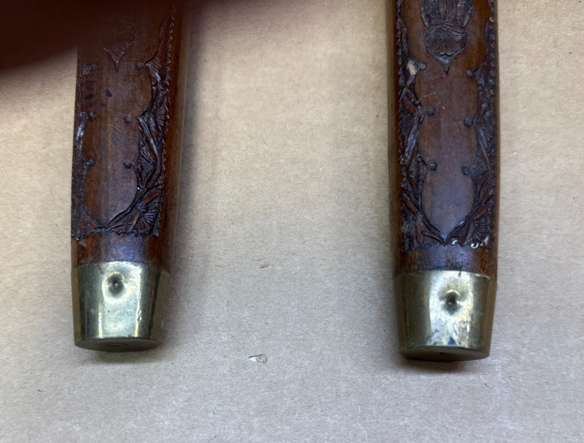 VERY RARE Knife Pair Carved Handles Matched Carved Wood Sheaths Brass Trim-INDIA