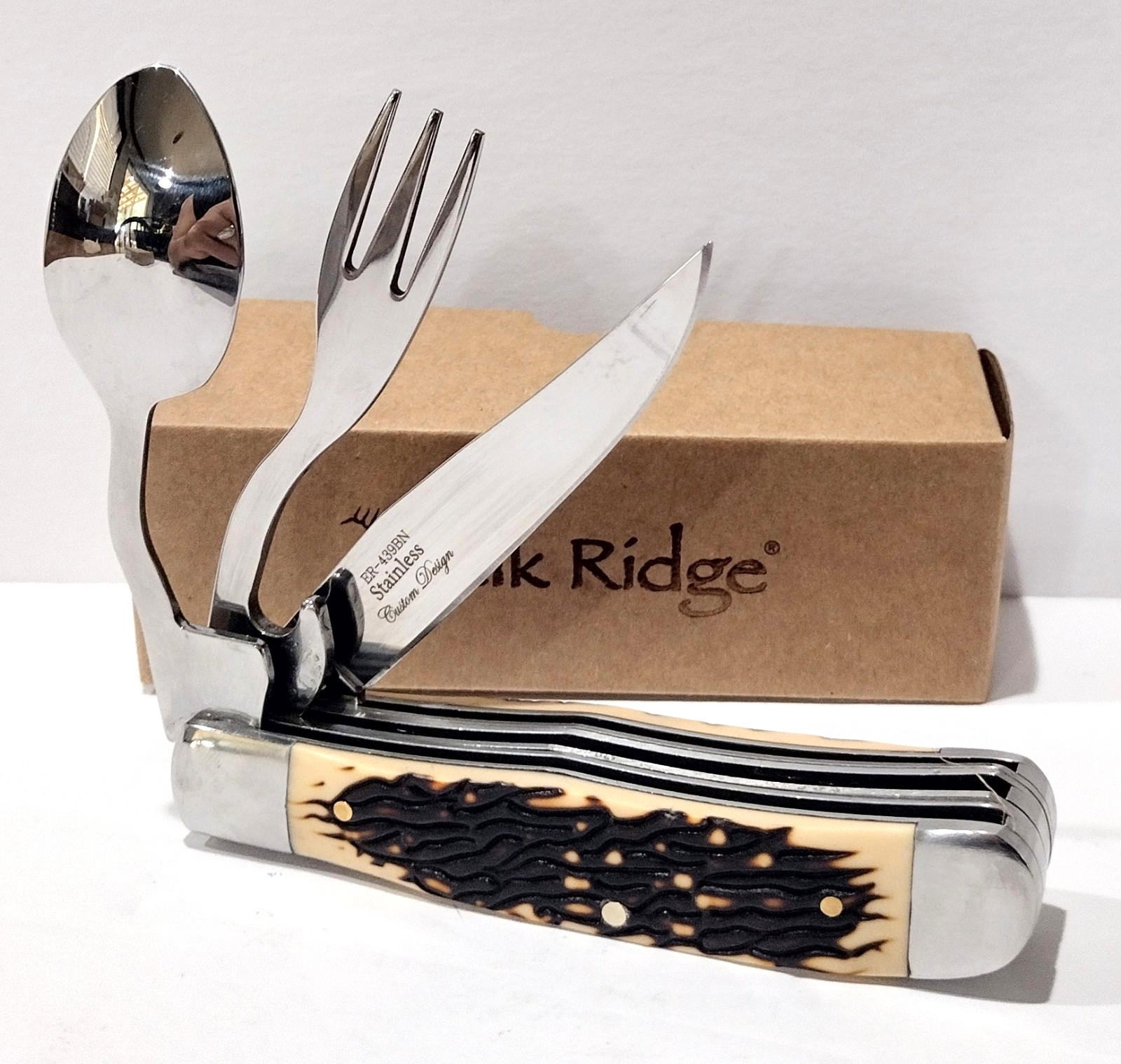 Elk Ridge Burnt Bone HOBO Folding Knife Fork Spoon Bottle Opener Camping Tool