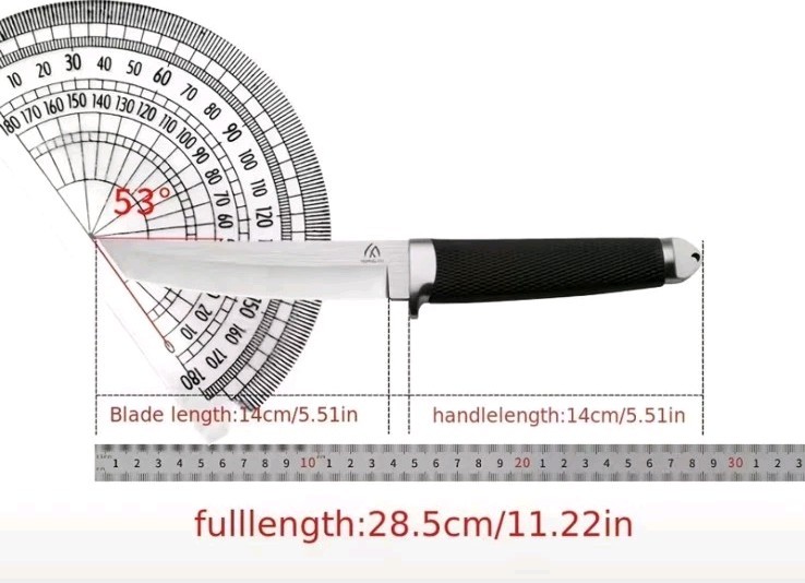 HUANG FU 11.2″ Full Tang Tanto Knife, 440C Blade, Rubberized Grip & Sheath