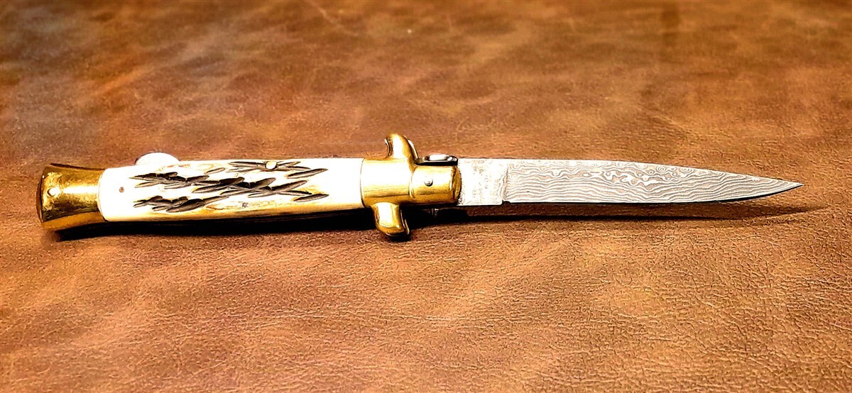Kissing Crane Burnt Bone Real Damascus Stiletto Manual Folding Pocket Knife