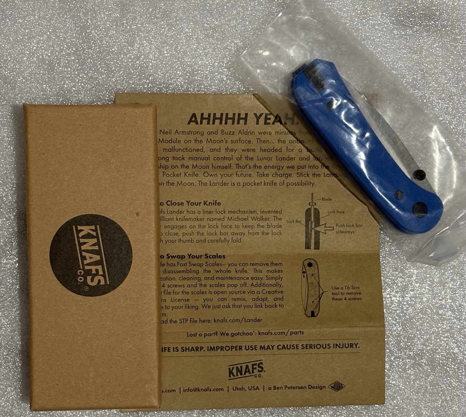 KNAFS Co. Lander 1 D2 Blue G10 Scales Stonewashed NIB With OG Pamphlet