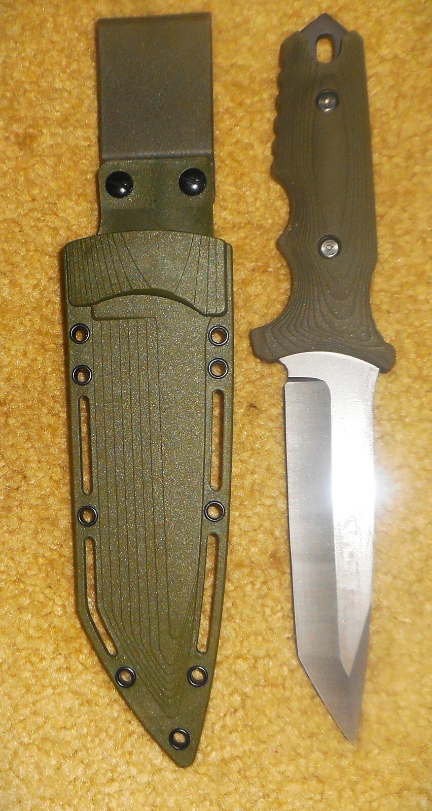 ARMY GREEN-HANDLE COMBAT KNIFE AND HARD SHEATH