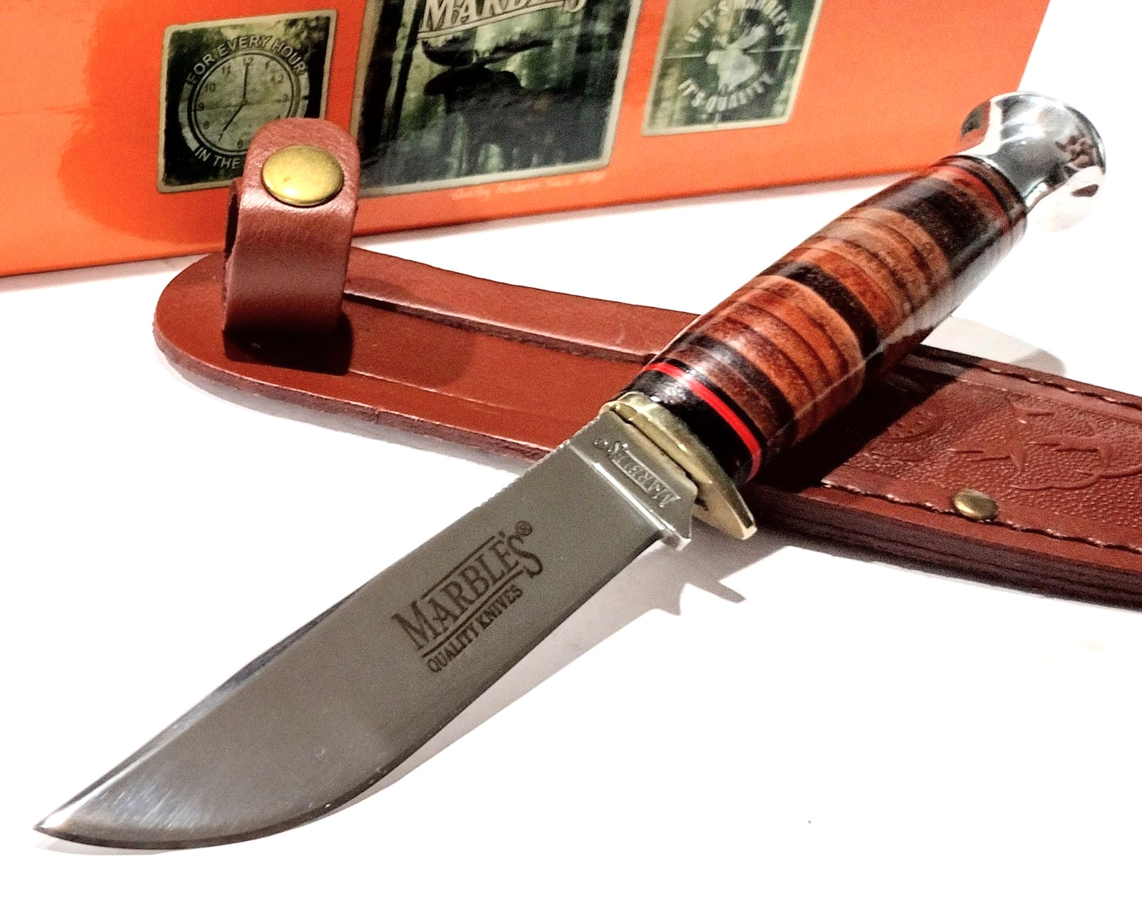 Marbles Brown Stacked Leather Handle Drop Point Fixed Blade Hunting Hunter Knife
