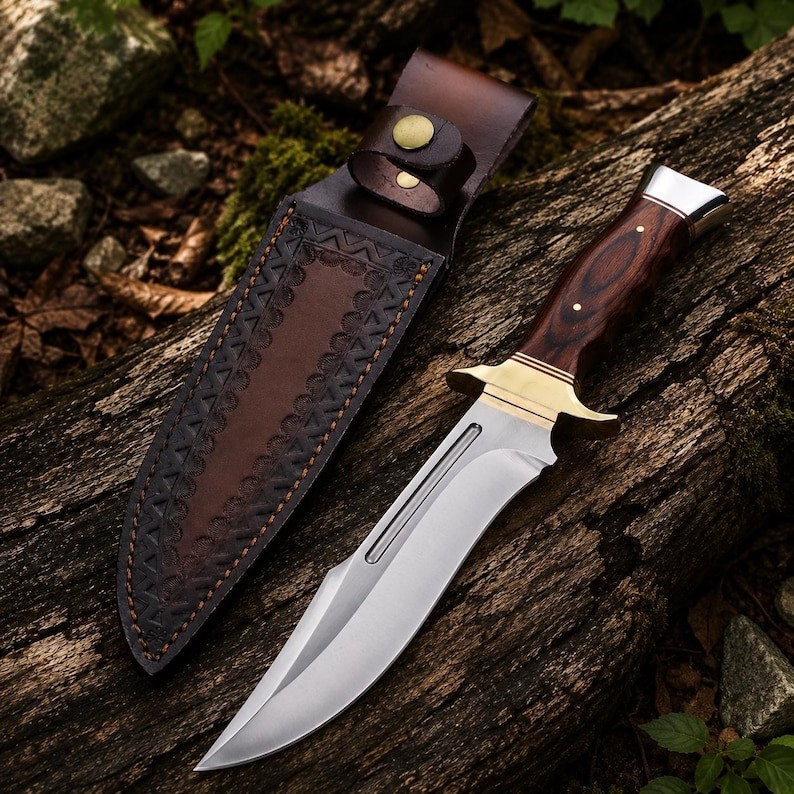 12″ 440C Stainless Steel Hunting Bowie Knife – Wood Handle & Leather Sheath