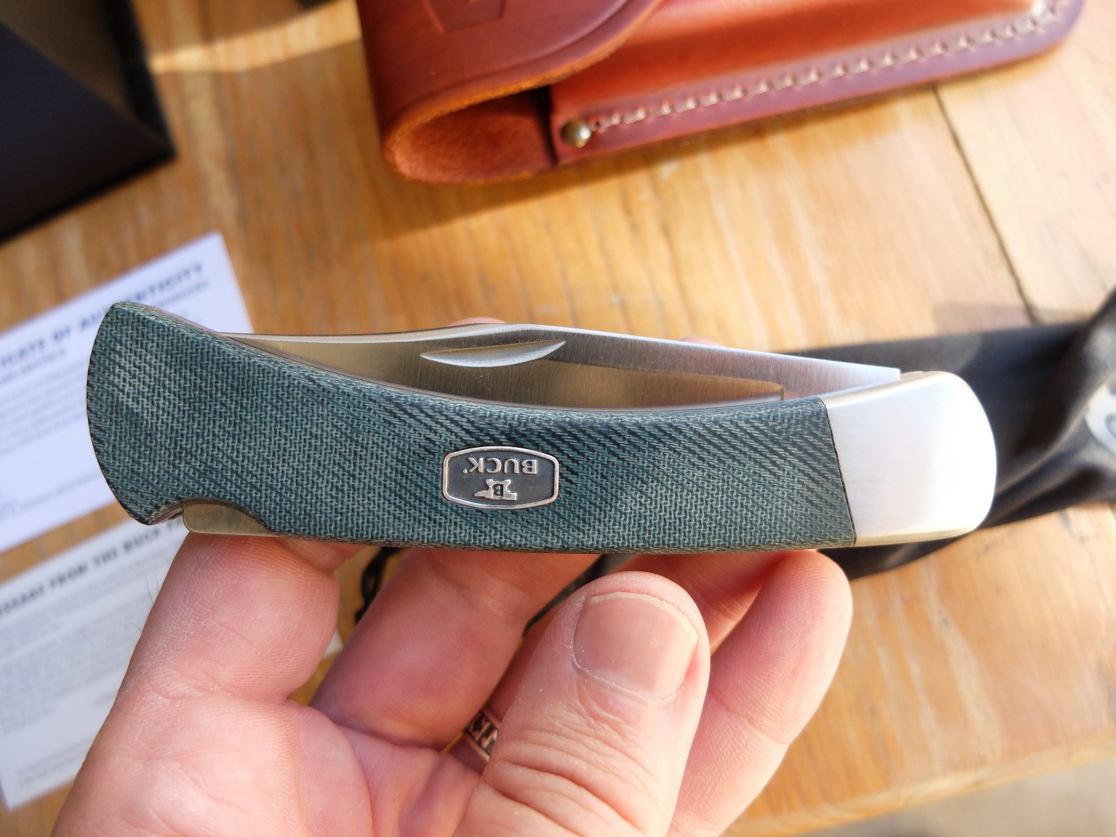 Buck 110 Bos Magnacut blade blue denim micarta folding hunter knife w COA BOTM