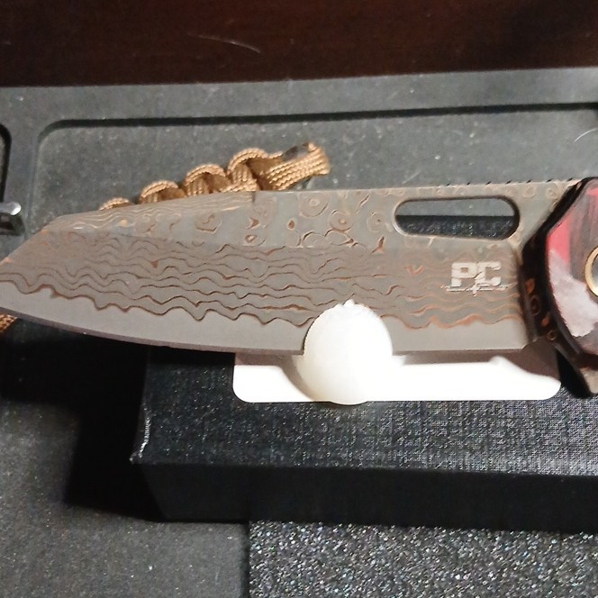 P.C. Damascus Steel Drop Point Plain Manual Liner Carbon Fiber Clip Pocketknife