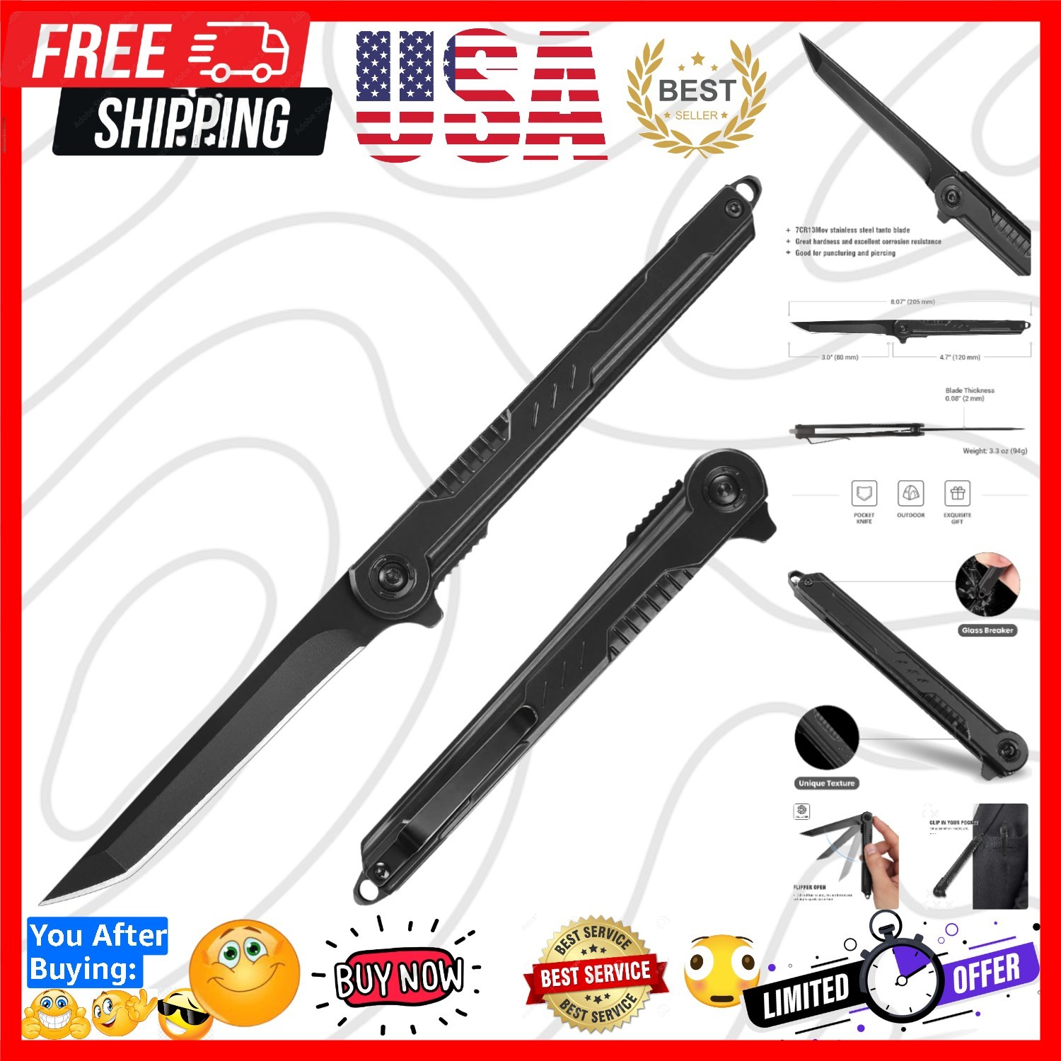 EDC Pocket Knife – 7CR13Mov Steel Tanto Blade, Slim Survival Knife with Clip …