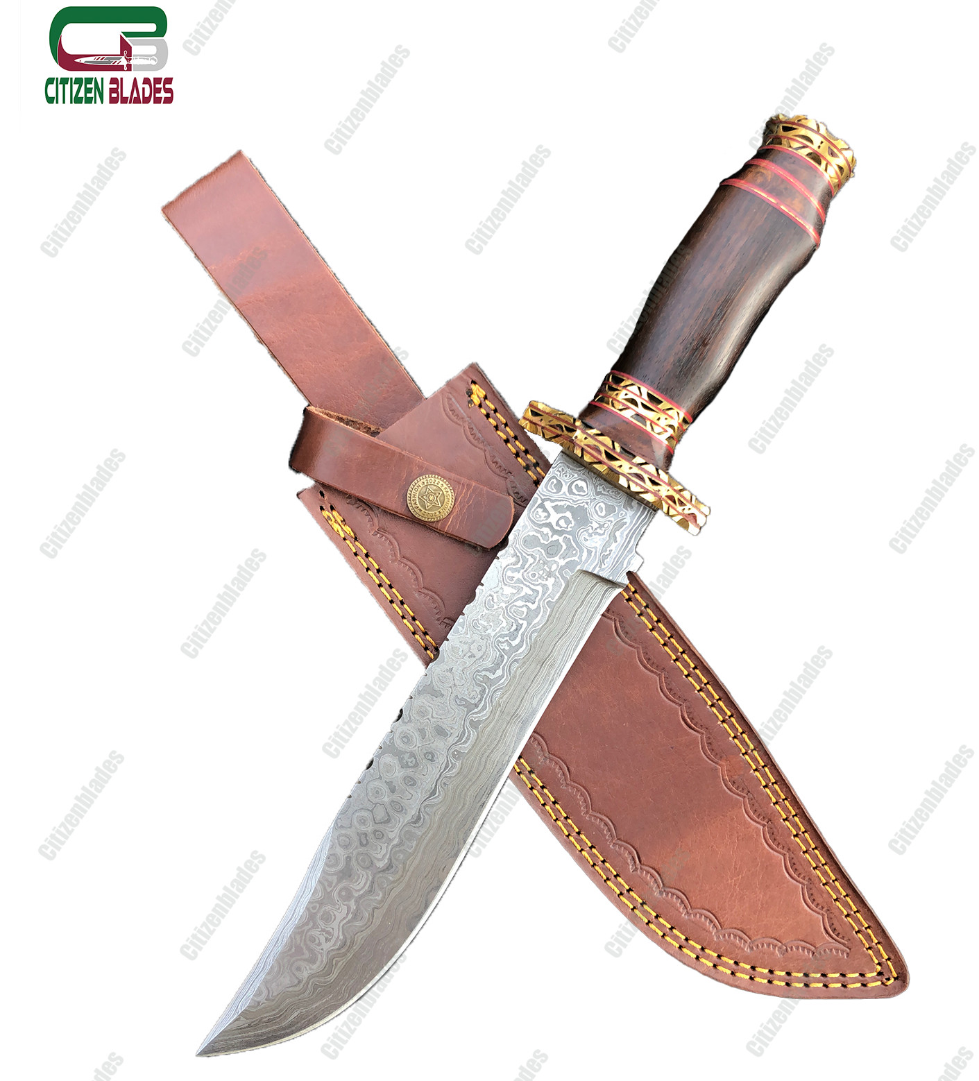 Custom Handmade Damascus steel hunting knife. wooden handle and brass spacer. US