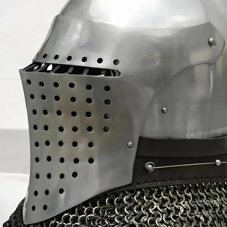 Medieval Knight Great Helm Helmet with Chainmail Aventail Crusader Armor Replica