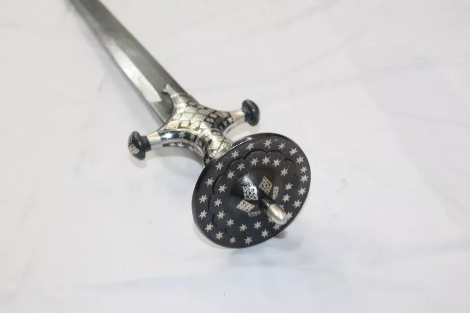 Straight sword religious sikh damascus steel blade silver wire work handle W706