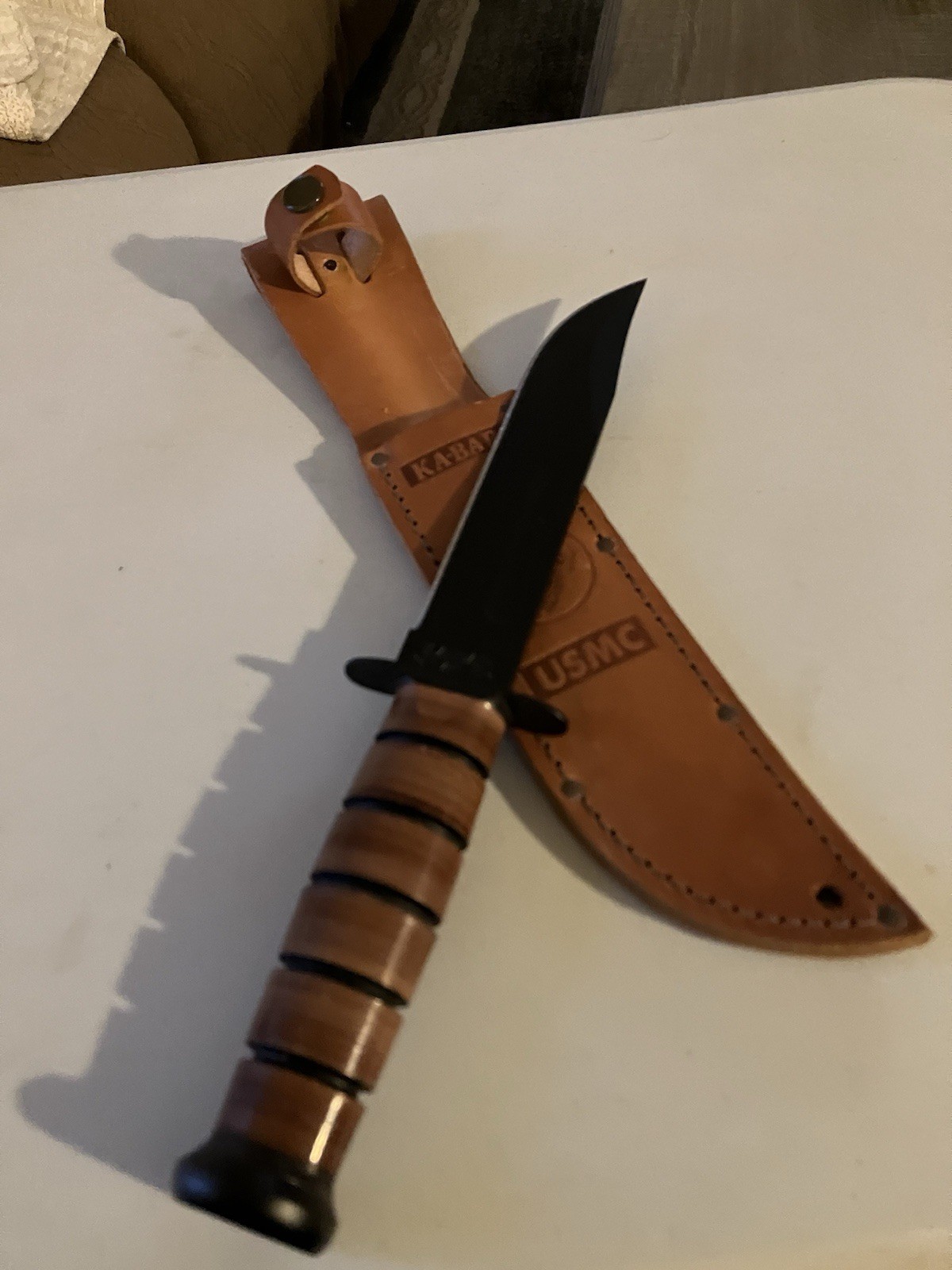 KaBar 1217 Fighting Knife USMC Leather Sheath Total Length 12”