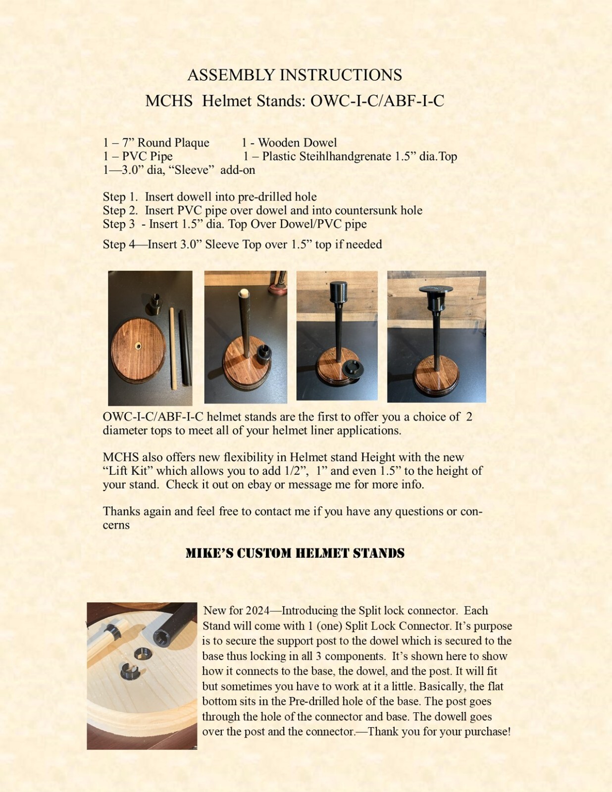 OWC-I-C Helmet Stands w/ height & Finish options, Lg & Sm dia. Tops &»Lift Kit»