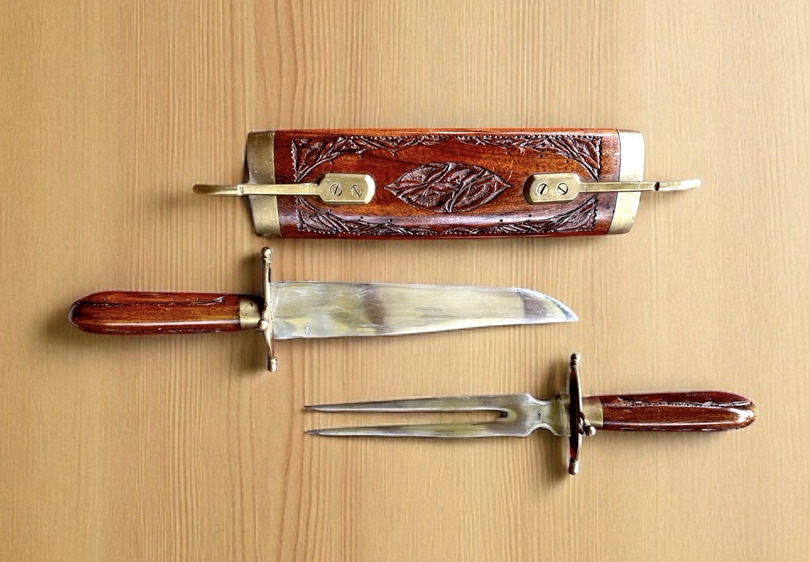 Vintage Indian Carving Knife and Fork set wooden carved wood and brass trim