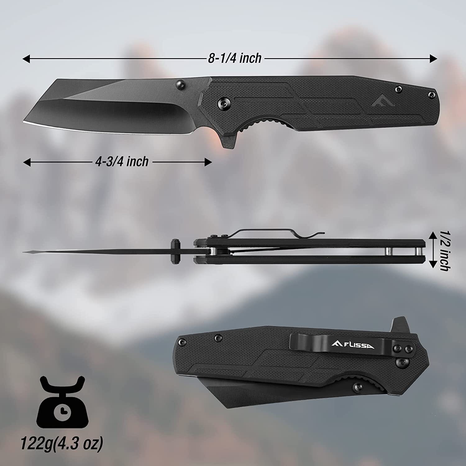 FLISSA 3.5″ Folding Stonewash Blade Tactical Knife G10 Handle Pocket Knife USA