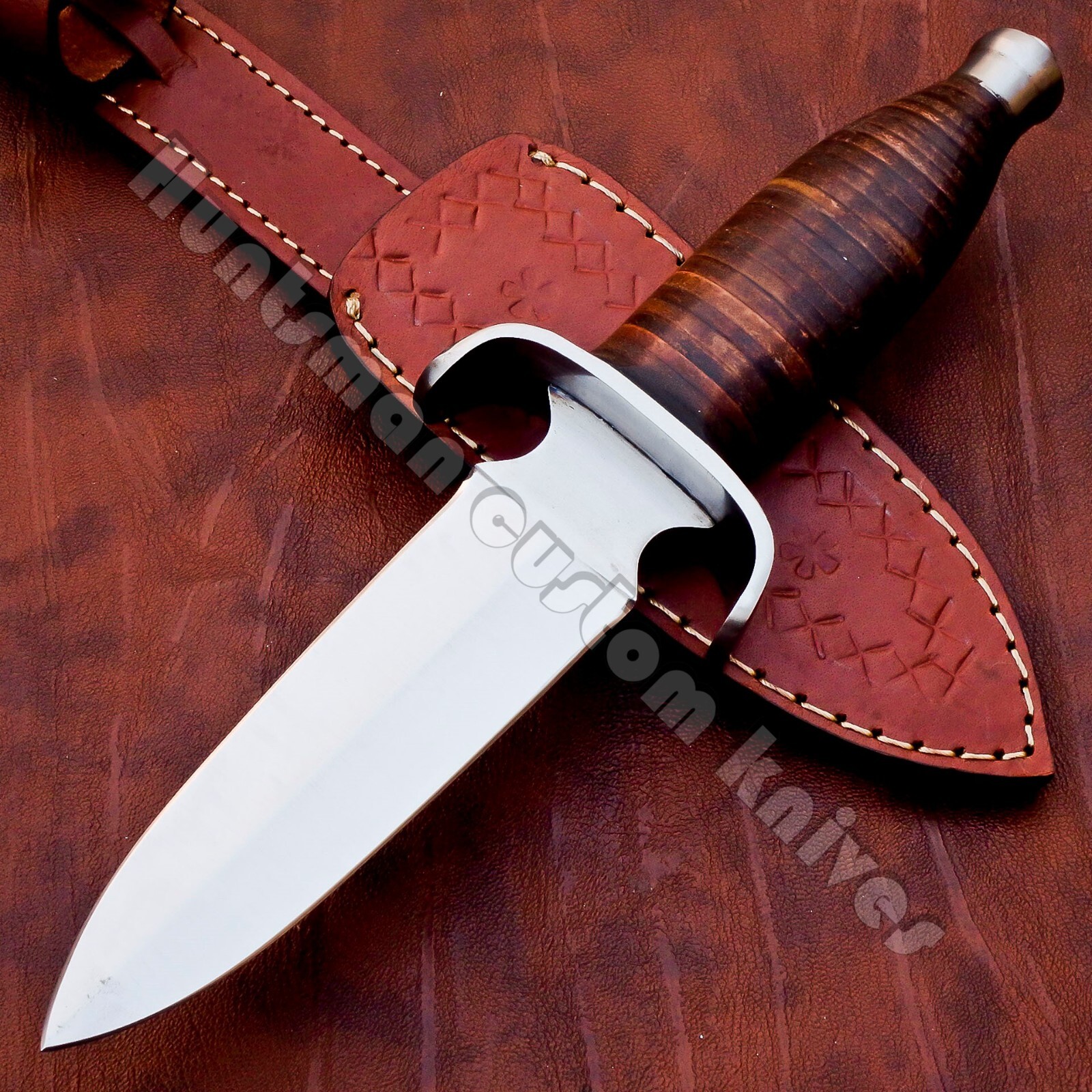Custom Made Hand Forged Spring steel Personel Dagger with Leather stacked Handle