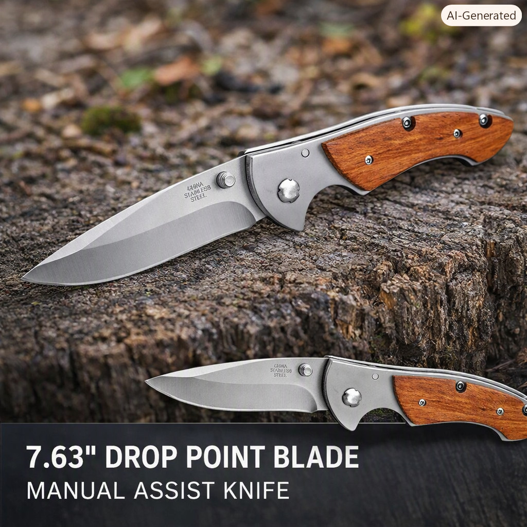Drop Point 7.63″ Blade Folding Pocket Knife – Manual Assist, Stainless Steel EDC