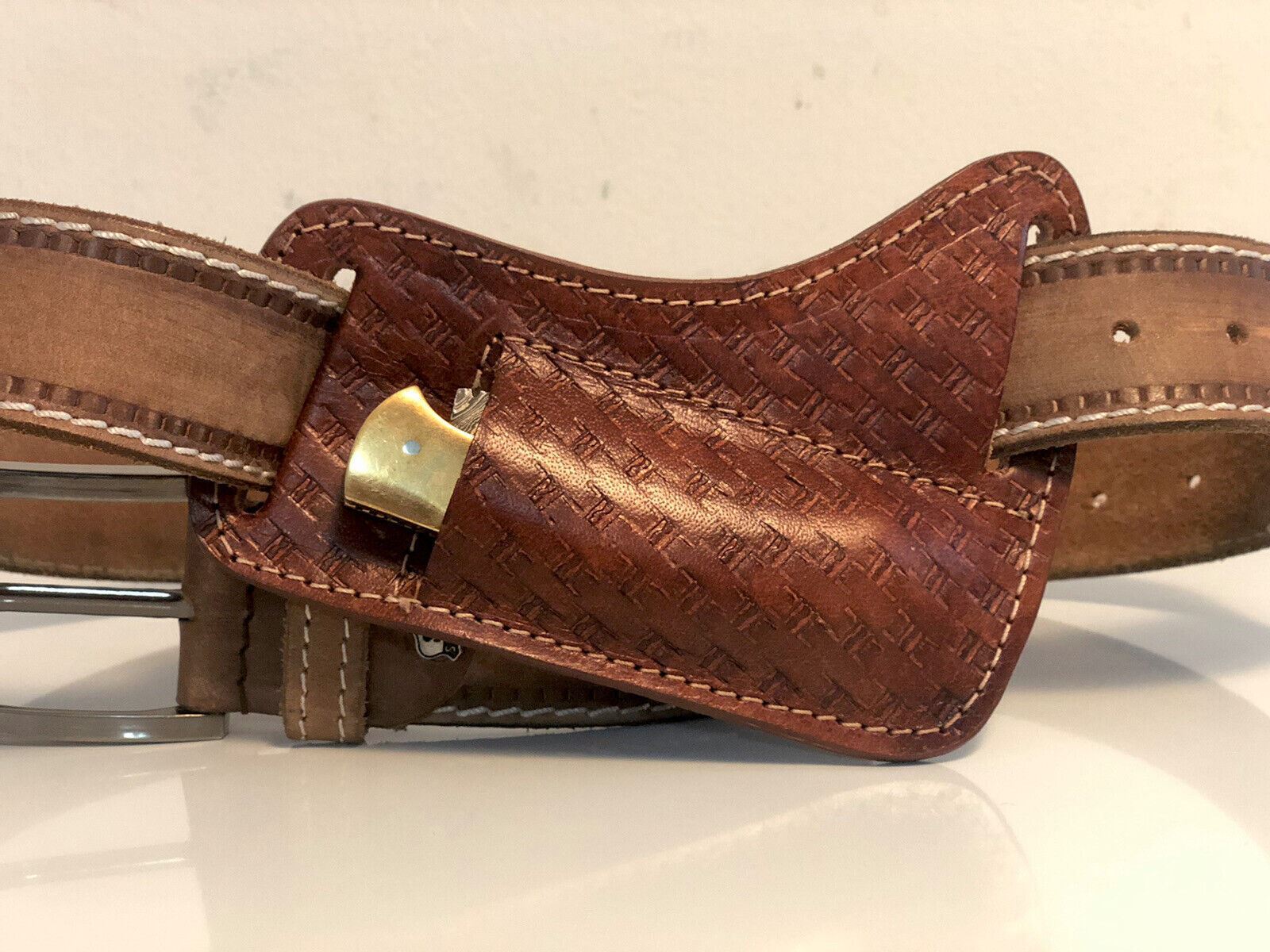 HANDMADE LEATHER ENGRAVED HORIZONTAL 6″ SHEATH FOR FOLDING POCKET KNIFE BUCK 110