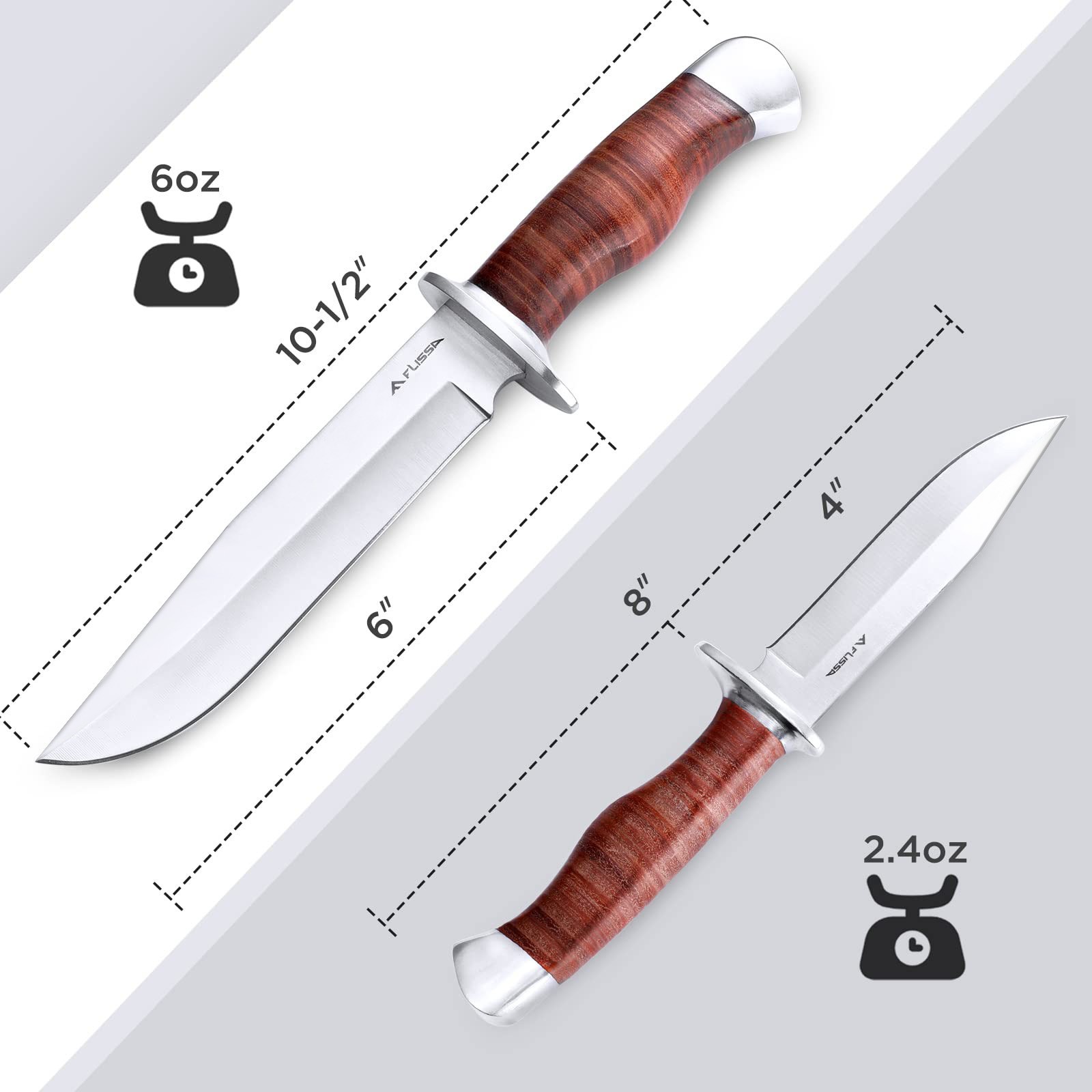 FLISSA 2-Pieces Bowie Knife Fixed Blade Hunting Knife with Sheath Leather Handle
