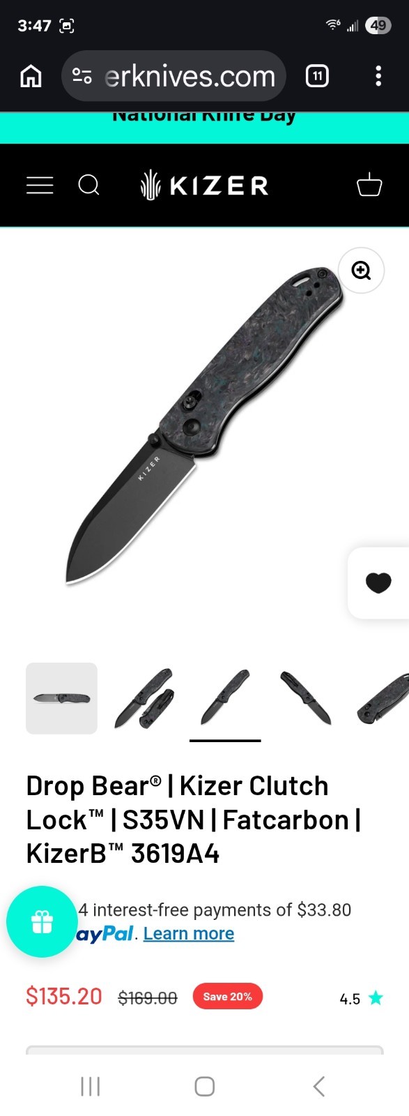 Kizer Drop Bear Pocketknife S35VN Drop Point Plain Clutch Lock Fatcarbon