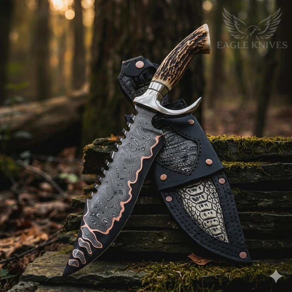 Custom Handmade Damascus Steel Copper Pattern Blade Hunting Stag Knife W/Sheath