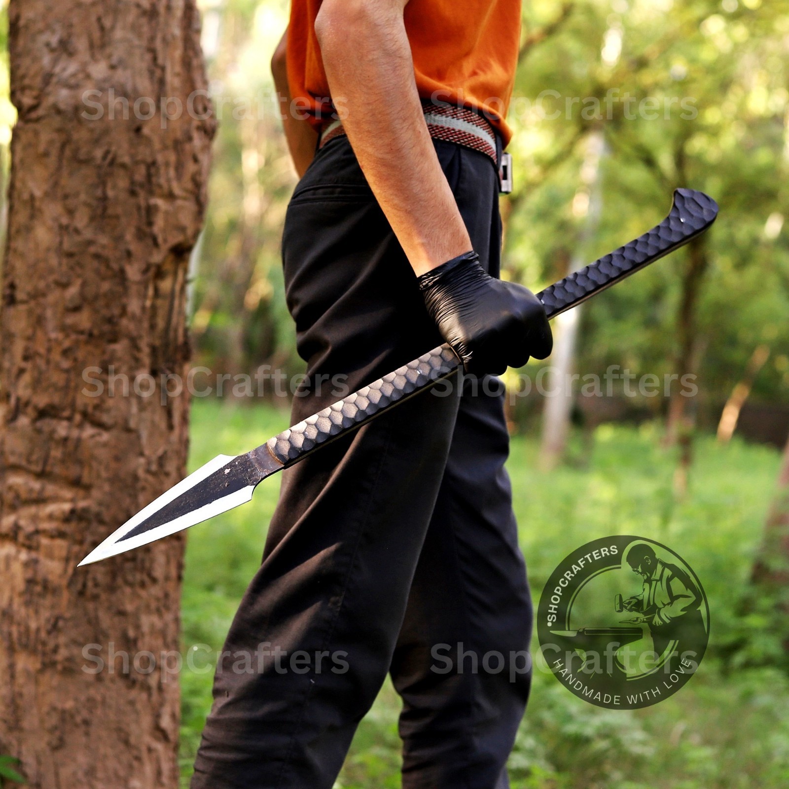 CUSTOM HANDMADE HIGH CARBON STEEL BOAR HUNTING SPEAR WITH LEATHER SHEATH