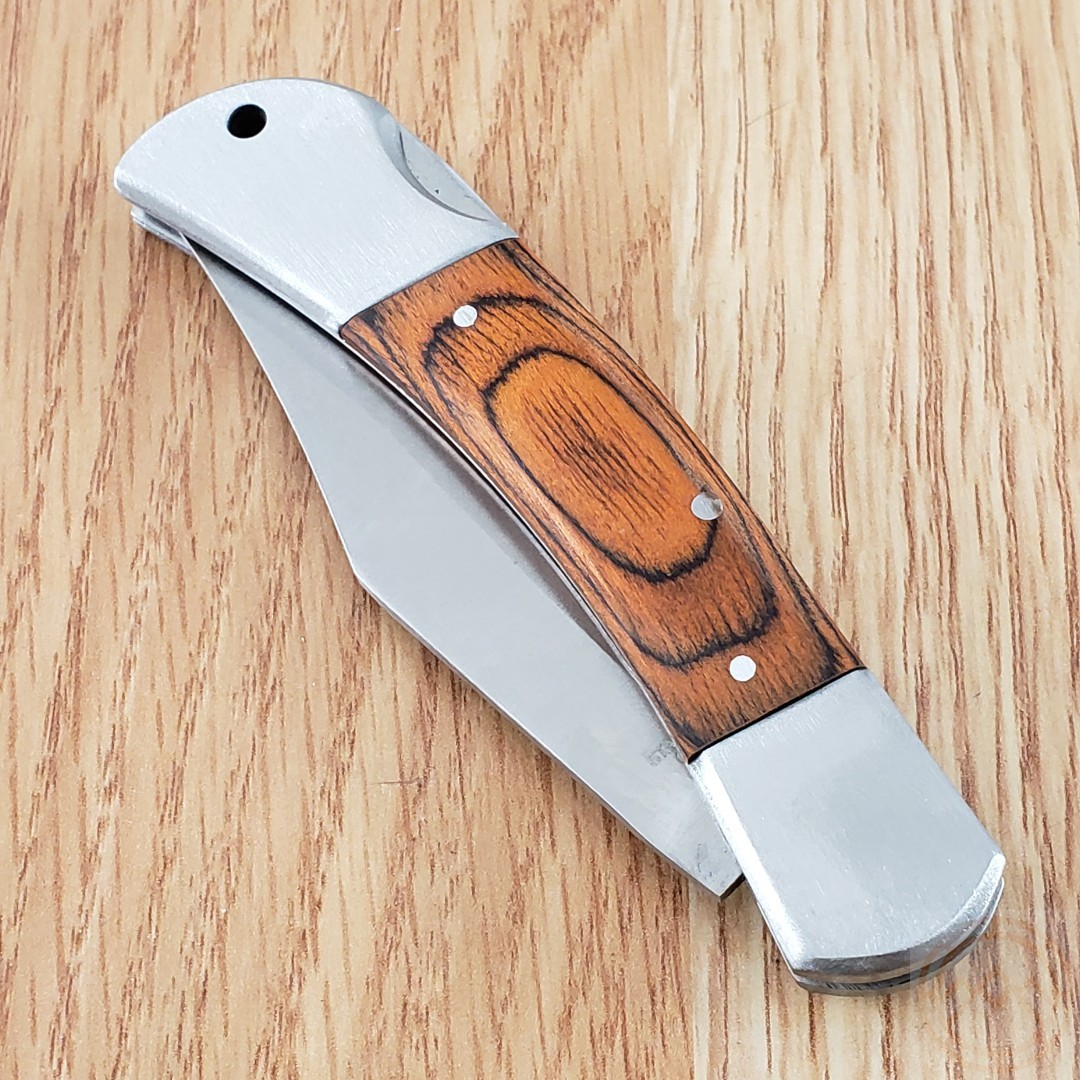 Lockback Folding Knife Stainless Steel Clip Point Blade Brown Pakkawood Handle